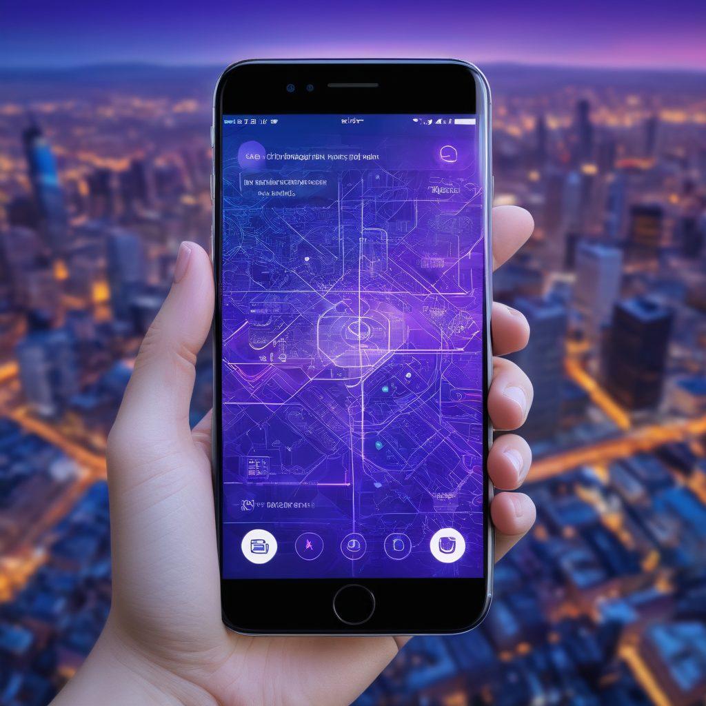 A high-tech mobile phone with glowing circuits and a digital map overlay, depicting a pin location in a cityscape at twilight. In the background, illustrated representations of safety features like emergency alerts and location tracking symbols. The image should evoke a sense of security and innovation. futuristic design. vibrant colors. dark, dynamic background.