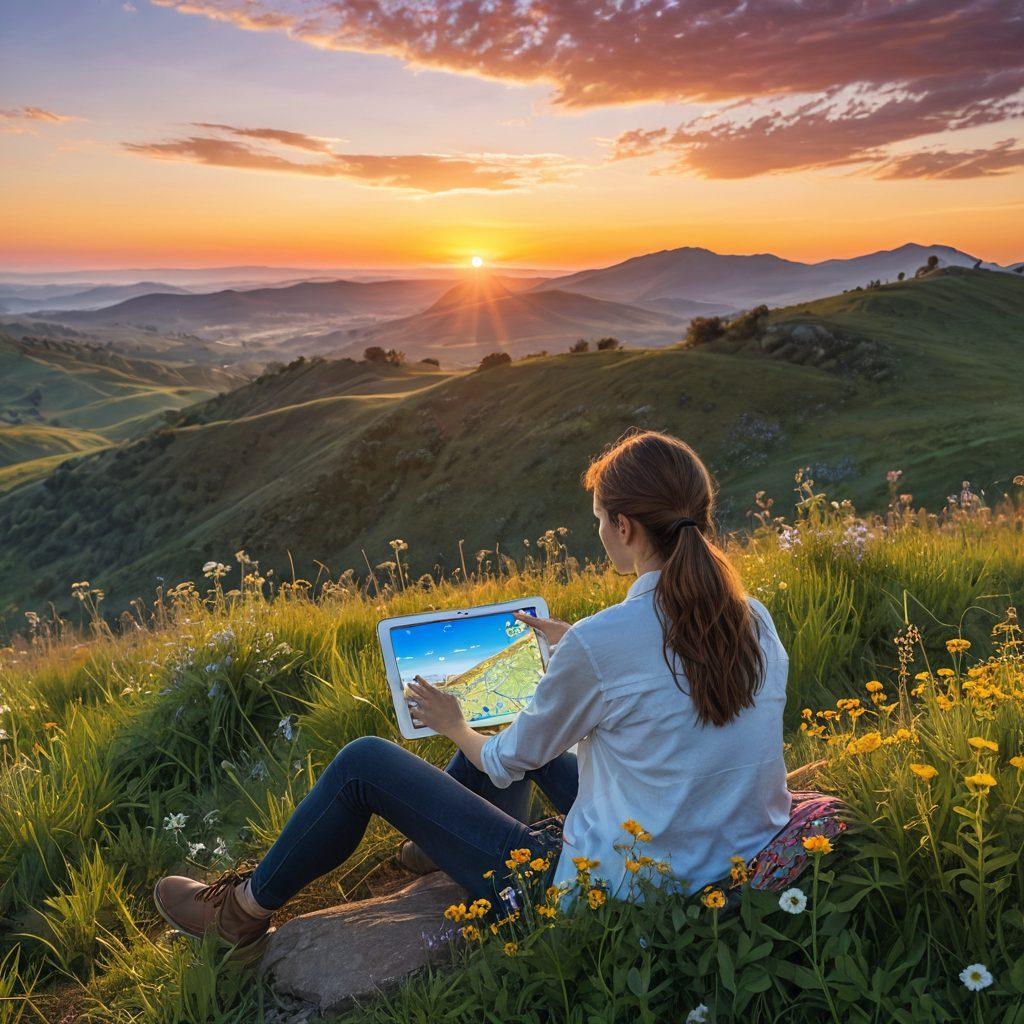 A serene landscape with a person peacefully sitting on a hilltop, overlooking a sunset, holding a smartphone displaying a map with tracking features. Surrounding them are soft, glowing digital icons symbolizing connection and safety. In the foreground, gentle wildflowers sway in the breeze. The scene conveys tranquility and empowerment through technology. painting. vibrant colors.